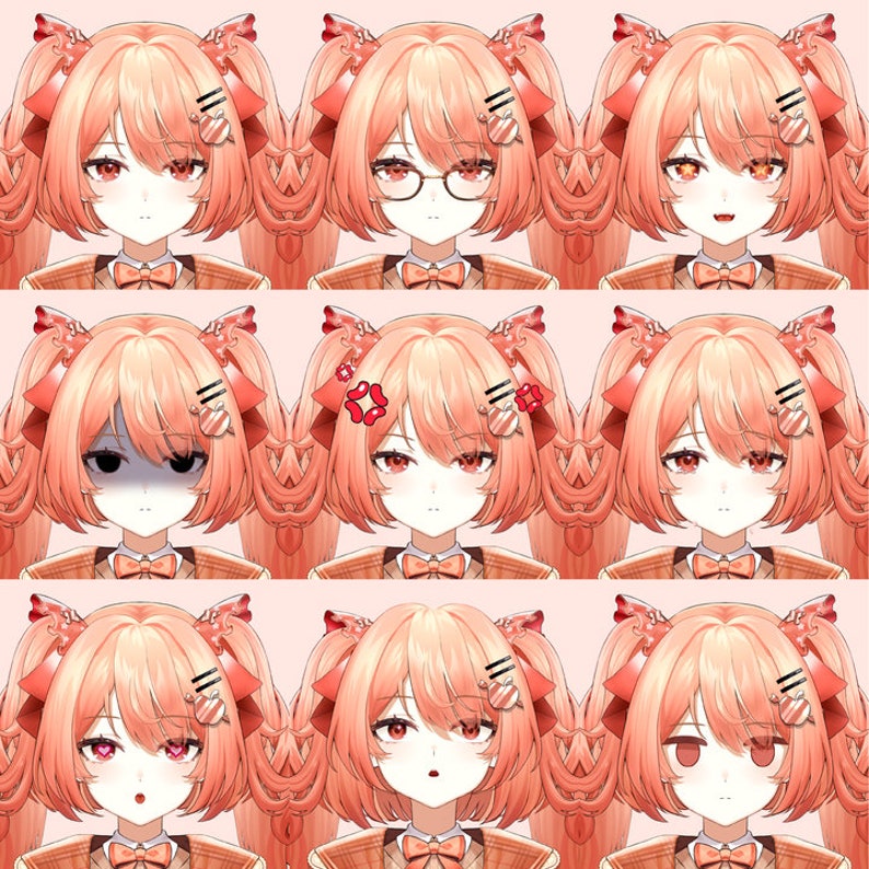 May include: A digital illustration of a young woman with pink hair in nine different expressions. The woman is wearing a white shirt with a red bow tie and a brown jacket. The expressions include a neutral expression, a surprised expression, a blushing expression, a smiling expression, a frowning expression, a crying expression, a winking expression, a confused expression, and a sleeping expression.