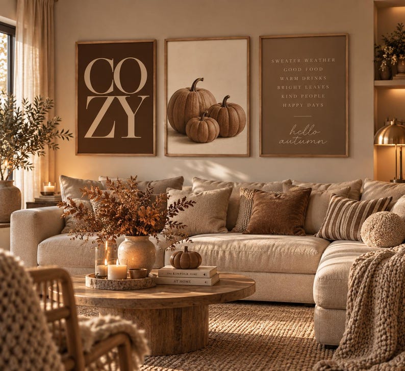 K&ouml;nnte beinhalten: Drei rechteckige Wandbilder in Holzrahmen h&auml;ngen &uuml;ber einem Sofa. Das linke Bild zeigt das Wort COZY in gro&szlig;en Buchstaben. Das mittlere Bild zeigt drei braune K&uuml;rbisse. Das rechte Bild listet herbstliche Phrasen und den Text hello autumn auf.