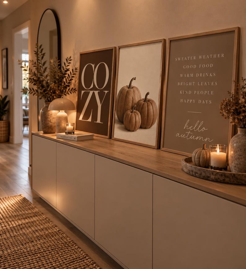 K&ouml;nnte beinhalten: Drei gerahmte Wandbilder auf einem Sideboard. Das linke Bild zeigt das Wort COZY in gro&szlig;en wei&szlig;en Buchstaben auf dunklem Grund. Das mittlere Bild zeigt drei K&uuml;rbisse. Das rechte Bild listet herbstliche Begriffe und den Text hello autumn auf.