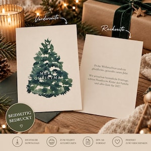Può includere: Un biglietto d'auguri pieghevole con un albero di Natale verde in stile acquerello sul davanti, con il testo Merry Christmas. Il retro mostra un testo in tedesco che augura buone feste e un felice anno nuovo, incluso l'anno 2027.