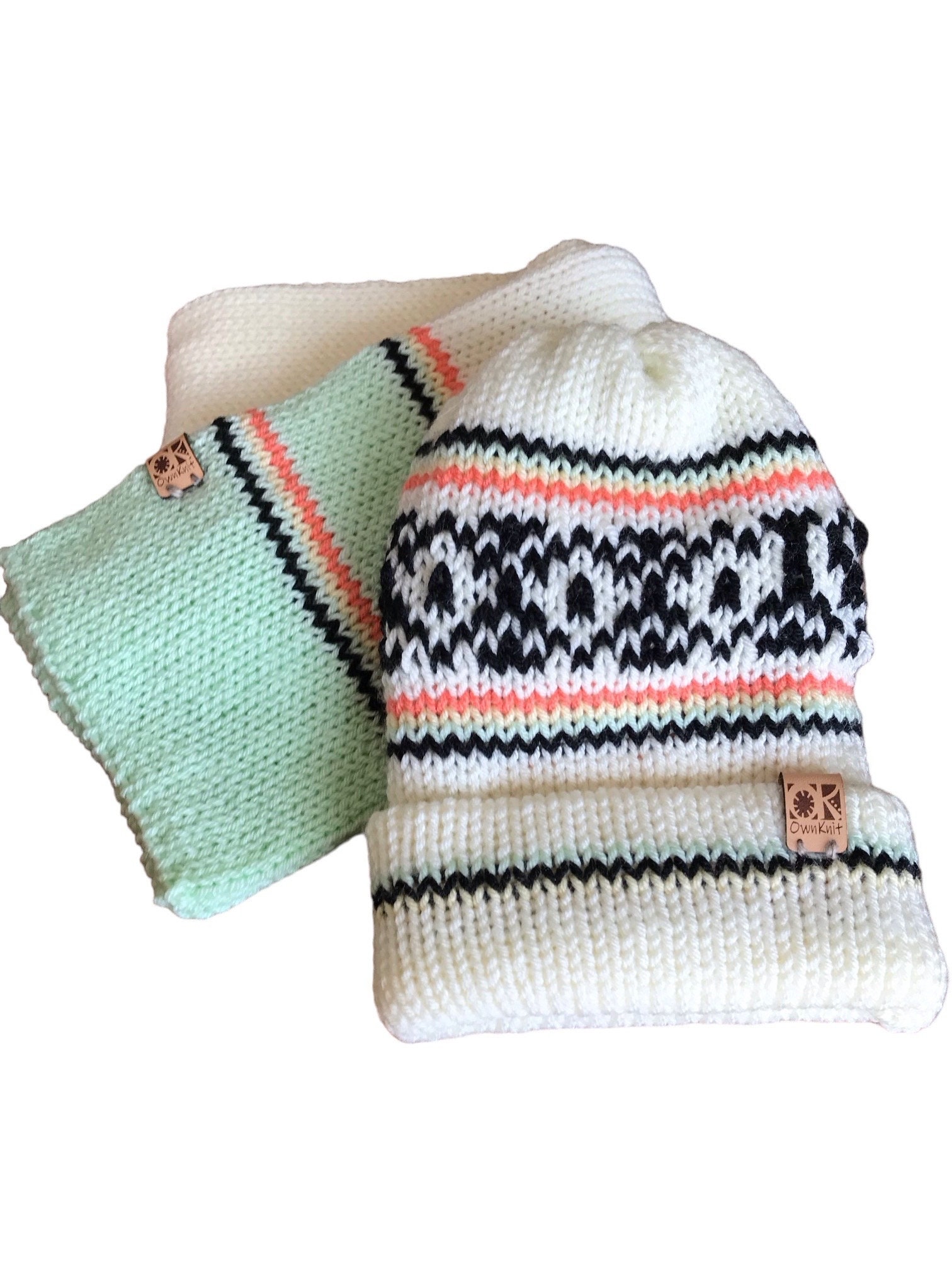 Creamy Fair Isle: Reversible Hat and Scarf Set in Black  display picture 1