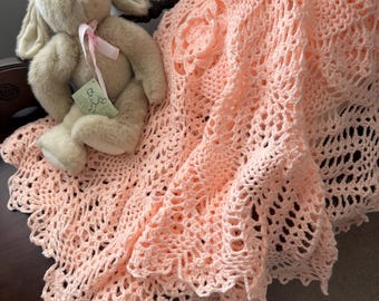 Handmade Crochet Baby Blanket: Peach Lace Acrylic Afghan