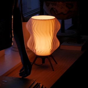 May include: A glowing, off-white table lamp with a wavy, textured shade. The lamp sits on a dark wooden tripod base. The warm light illuminates the surrounding area, creating a cozy ambiance. A globe and plant are in the background.