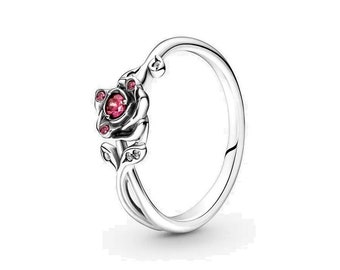 Pandora Silver Beauty and Beast Rose Ring Handcrafted with Red Cubic Zirconia: Adorable and Elegant Women's Jewelry to Elevate Your Style
