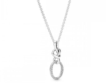 Pandora Silver Oval Knotted Heart Necklace Charm and Elegance: Sparkling Oval Heart Necklace - 60cm Adjustable Chain- Unique Knotted Pendant