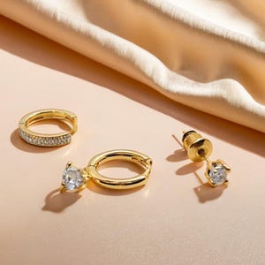 3Pc Set Crystal Gold Earrings, Heart Shaped Dangle & Huggie Hoops with Sparkling Stud, Bright Accessories for Her, Minimalist  Style Look