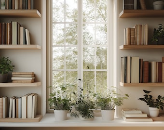 Zoom Background Bookshelf and Window, Living Room Virtual Home Office for Teams Meetings, Work From Home Shelf Backdrop, Realistic Wallpaper