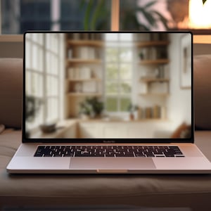 May include: A silver laptop computer with a black keyboard is open on a light brown couch. The laptop screen shows a blurry image of a room with a window and shelves.