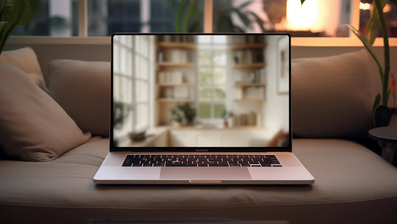 May include: A silver laptop computer with a black keyboard is open on a light brown couch. The laptop screen shows a blurry image of a room with a window and shelves.