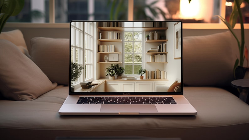 May include: A laptop computer displaying a photo of a room with built-in bookshelves, a window, and plants. The room is painted in a light beige color.