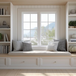 Könnte beinhalten: Ein eingebauter Fenstersitz mit weißen Schränken, Bücherregalen und einem neutralfarbenen Kissen. Das Fenster bietet einen Blick auf eine Berglandschaft. Dekorative Kissen in Grau- und Schwarzmustern setzen stilvolle Akzente. Eine Topfpflanze und Bücher vervollständigen das gemütliche Interieur.