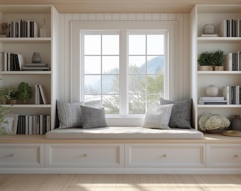 Zoom Background Bookshelf and Window, Living Room Virtual Home Office for Teams Meetings, Work From Home Shelf Backdrop, Realistic Wallpaper