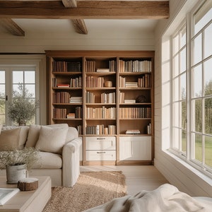 May include: A light beige sectional sofa with multiple pillows sits in a living room with large windows.  The room features a wooden beam ceiling, a large bookcase filled with books, and a wooden coffee table with a book on top.