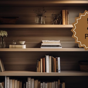 May include: A wooden bookcase with several shelves, displaying books, ornaments, and vases. The image includes a brown starburst with the text "5 Pack". The shelves are constructed from light brown wood.