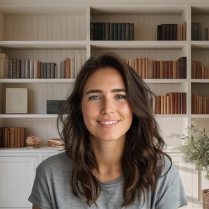 May include: A woman with long brown hair smiles at the camera. She is wearing a gray t-shirt and is standing in front of a bookshelf filled with books.