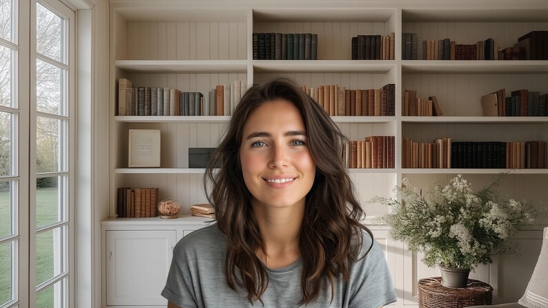 May include: A woman with long brown hair smiles at the camera. She is wearing a gray t-shirt and is standing in front of a bookshelf filled with books.