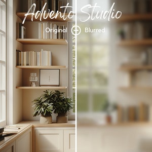 May include: A split image showing the difference between an original and a blurred image. The original image shows a room with a window, a bookshelf, and a plant. The blurred image shows the same room but with a blurred effect.