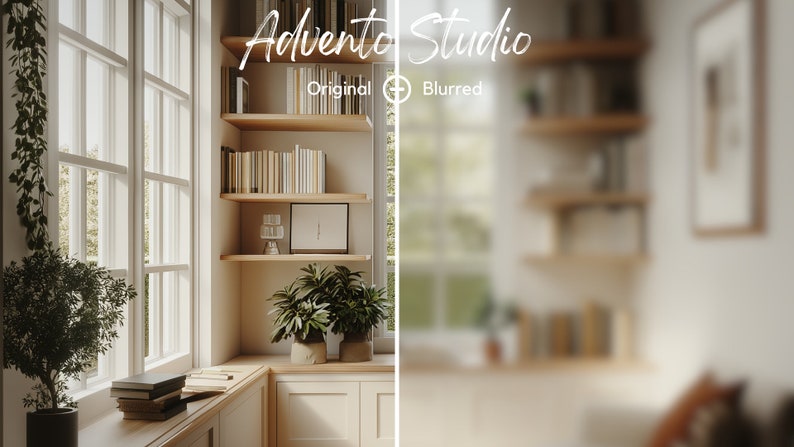 May include: A split image showing the difference between an original and a blurred image. The original image shows a room with a window, a bookshelf, and a plant. The blurred image shows the same room but with a blurred effect.