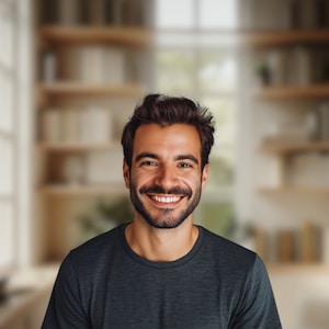 May include: A man with a beard and short brown hair smiles at the camera. He is wearing a dark grey t-shirt.