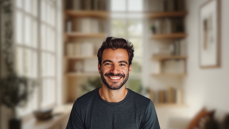 May include: A man with a beard and short brown hair smiles at the camera. He is wearing a dark grey t-shirt.