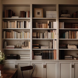 May include: A white bookshelf filled with books in a room with a window and a fireplace. The bookshelf has six shelves and is divided into three sections. The books are arranged in a variety of colors and sizes.