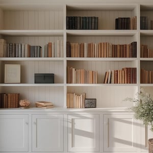 May include: A white bookshelf with multiple shelves filled with books. The bookshelf is in a room with a large window and white walls. There is a bouquet of white flowers in a pot on the floor in front of the bookshelf.