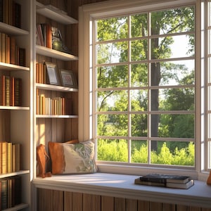 Peut inclure: Une bibliothèque en bois remplie de livres se trouve à côté d'une fenêtre donnant sur des arbres verts. La fenêtre a un cadre blanc et est ouverte. Il y a un banc de fenêtre avec deux coussins orange et un livre dessus.