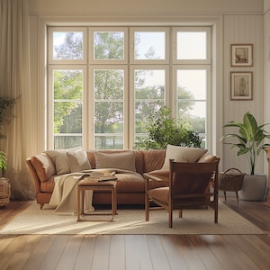 May include: A sunlit living room with a brown leather sofa, wooden coffee table, and armchair. A large window offers a view of greenery. A wooden cabinet and potted plants add to the cozy, inviting atmosphere. The room has hardwood floors and a neutral rug.