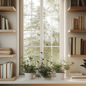 May include: A white bookshelf with three shelves filled with books and potted plants. The bookshelf is next to a window with a view of green trees.
