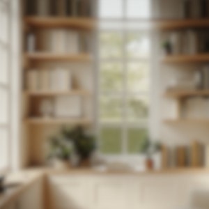 May include: A white room with a window, a bookshelf, and a framed picture. The bookshelf is made of wood and has three shelves. The shelves are filled with books. The window is open and the sun is shining through it. The framed picture is on the wall and is a simple design.