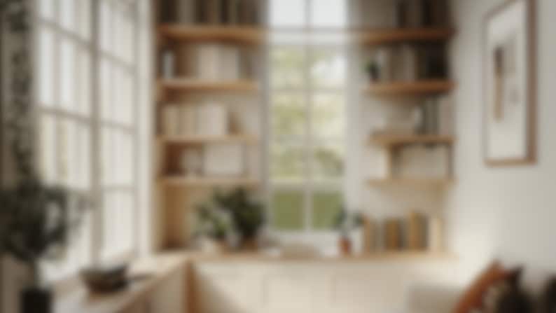 May include: A white room with a window, a bookshelf, and a framed picture. The bookshelf is made of wood and has three shelves. The shelves are filled with books. The window is open and the sun is shining through it. The framed picture is on the wall and is a simple design.