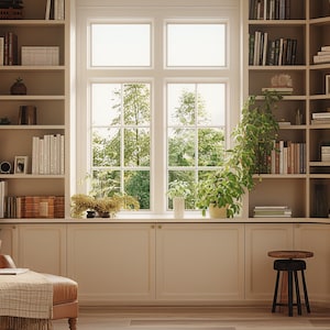 Può includere: Un angolo di lettura accogliente con una poltrona in pelle, una coperta e una libreria piena di libri. La stanza ha grandi finestre con vista sugli alberi all'esterno.