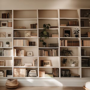Puede incluir: Una estanter&iacute;a blanca llena de libros y objetos decorativos. La estanter&iacute;a est&aacute; en una habitaci&oacute;n con grandes ventanas y luz natural.
