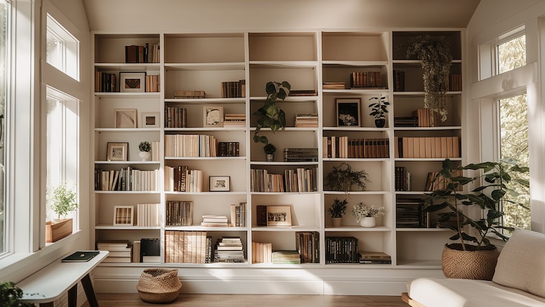 Puede incluir: Una estanter&iacute;a blanca llena de libros y objetos decorativos. La estanter&iacute;a est&aacute; en una habitaci&oacute;n con grandes ventanas y luz natural.
