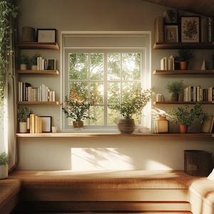 May include: A cosy reading nook with a window overlooking a lush green forest. The room features built-in shelves filled with books and potted plants, a comfortable bench with cushions, and natural light streaming in.