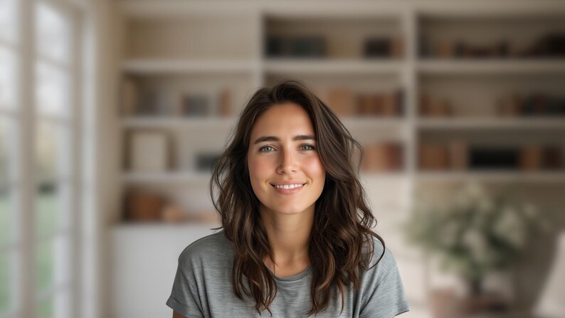 May include: A woman with long brown hair smiles at the camera. She is wearing a gray t-shirt and is standing in front of a bookshelf.