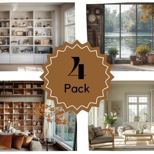 May include: A set of four digital backdrops featuring different interior scenes. The first scene shows a white bookshelf filled with books. The second scene shows a wooden bookshelf filled with books. The third scene shows a window with a view of a lake. The fourth scene shows a living room with a white sofa and a white cabinet.