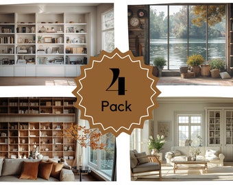 Bookshelf Virtual Background, 4-Pack Elegant Zoom Backdrops (Digital Download)
