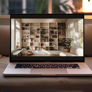 Puede incluir: Un ordenador port&aacute;til que muestra una foto de una habitaci&oacute;n con una gran estanter&iacute;a blanca llena de libros y plantas. La habitaci&oacute;n tiene un sof&aacute; blanco y ventanas grandes.