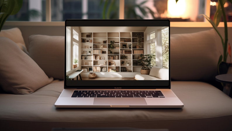 Puede incluir: Un ordenador port&aacute;til que muestra una foto de una habitaci&oacute;n con una gran estanter&iacute;a blanca llena de libros y plantas. La habitaci&oacute;n tiene un sof&aacute; blanco y ventanas grandes.