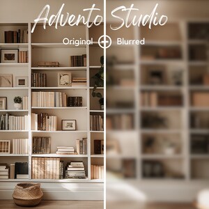 Puede incluir: Una estanter&iacute;a blanca llena de libros e im&aacute;genes enmarcadas en una habitaci&oacute;n con una ventana y una mesa de madera con una cesta en el suelo. El texto "Advento Studio" est&aacute; escrito encima de la estanter&iacute;a.