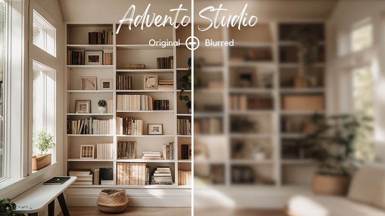 Puede incluir: Una estanter&iacute;a blanca llena de libros e im&aacute;genes enmarcadas en una habitaci&oacute;n con una ventana y una mesa de madera con una cesta en el suelo. El texto "Advento Studio" est&aacute; escrito encima de la estanter&iacute;a.