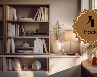 Virtual Background Bookshelf Bundle 4-pack for Zoom Meetings, 16:9 ratio, Minimalist Simple Elegant Backdrops Natural Light For Meetings