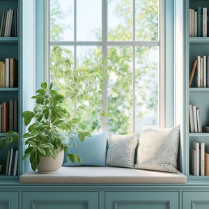 Pode incluir: Um assento de janela com prateleiras embutidas de cada lado. As prateleiras estão cheias de livros e há uma planta em vaso no assento da janela. O assento da janela é coberto com uma almofada branca e há duas almofadas no assento.