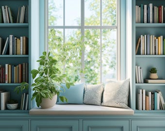 Cozy Modern Bookshelf Zoom Background, MS Teams Professional Backdrop, 16:9 Minimal Natural Light Office Background for Online Meetings