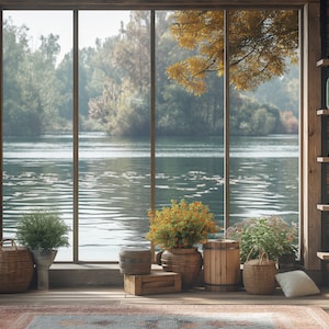Realistic Lake View Zoom Background Virtual Office for Meetings, Cozy Cabin Backdrop with Lake, Realistic Background, MS Teams Backdrop