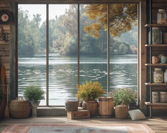 Realistic Lake View Zoom Background Virtual Office for Meetings, Cozy Cabin Backdrop with Lake, Realistic Background, MS Teams Backdrop