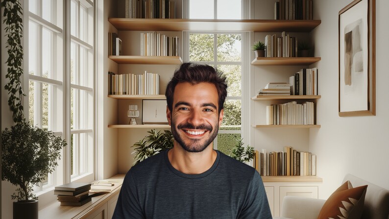 May include: A man with a beard and a dark blue shirt smiles at the camera in a room with a bookshelf and a window.