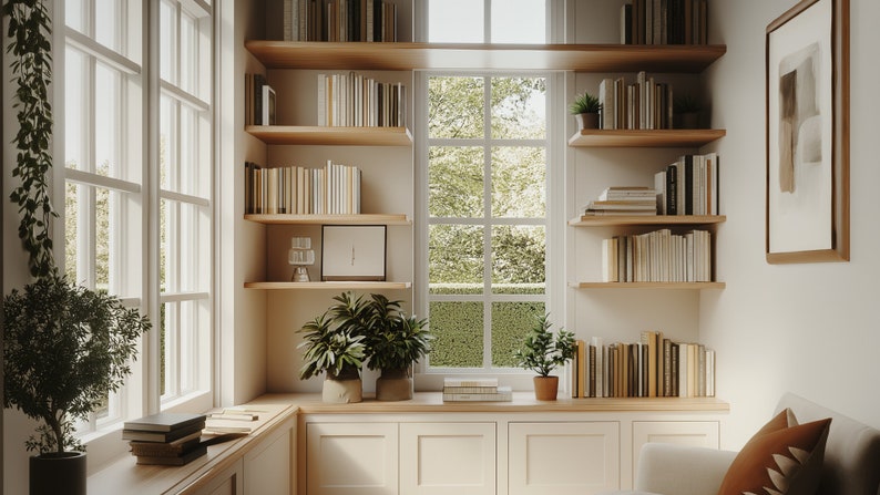 May include: A cozy reading nook with a large window, white walls, and wooden shelves filled with books. There are plants on the windowsill and a small couch with a throw pillow.
