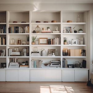 May include: A white built-in bookcase with multiple shelves filled with books, plants, and decorative items. The bookcase is in a room with a large window and hardwood floors.